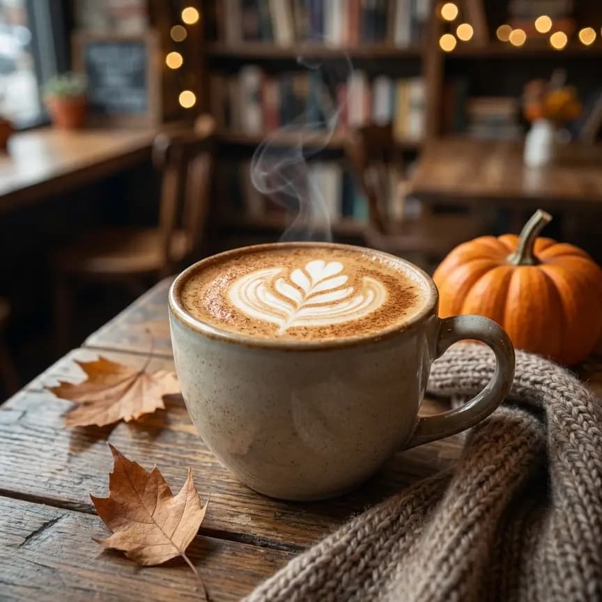 Example café draft: latte with leaf art beside autumn leaves