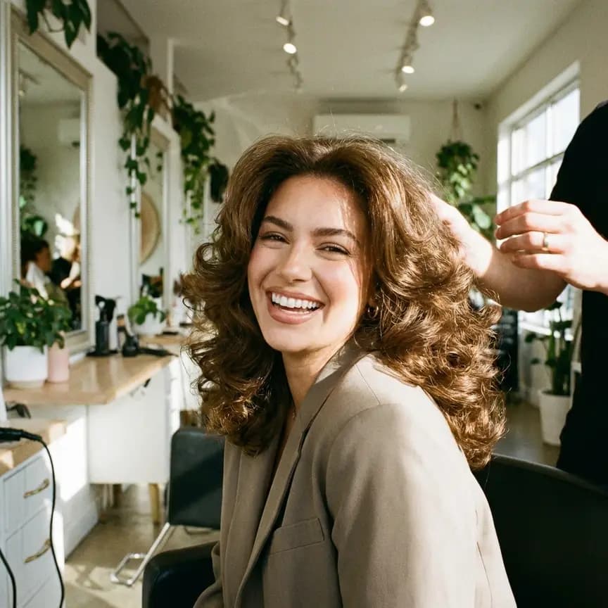 Example salon draft: stylist finishing a blow-dry
